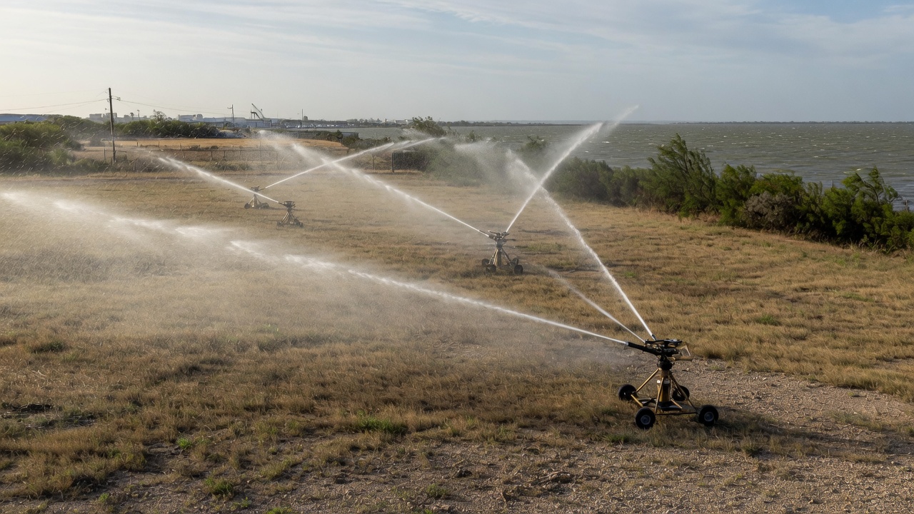 Wind and Sprinkler Heads Toward La Porte